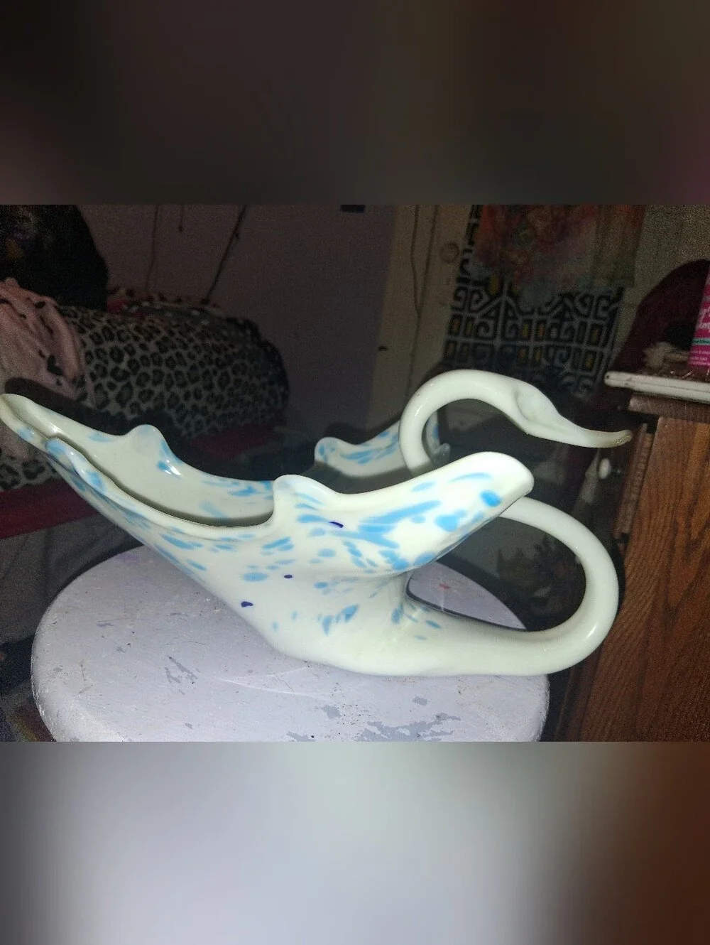 Milk Glass Blown Glass Swan Blue Dots